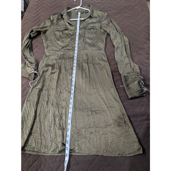 Moda International size S long sleeve collared 100% silk olive green midi dress - Picture 9 of 9